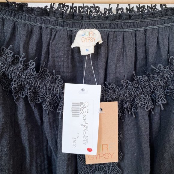 SURF GYPSY | BLACK GAUZE CROTCHET KIMONO DRESS MINI | OFF SHOULDER | M - Picture 6 of 6